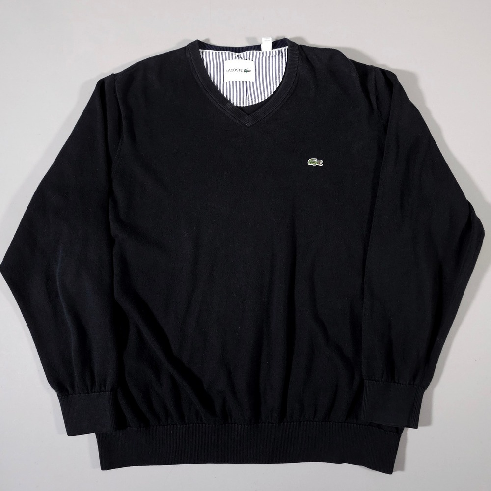 Lacoste Sweater Mens 3XL Black V-Neck Cotton Logo Pullover AH2987-51